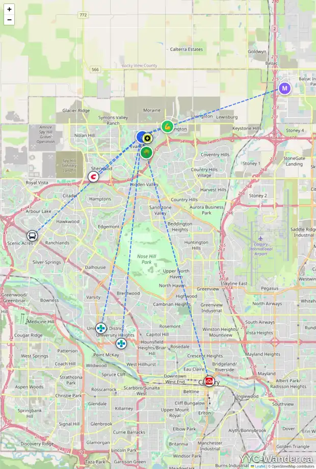 Daily accessibility map for 101 EVANSFIELD WY NW, Calgary showing nearby schools, grocery stores, parks, LRT stations and nearby amenities