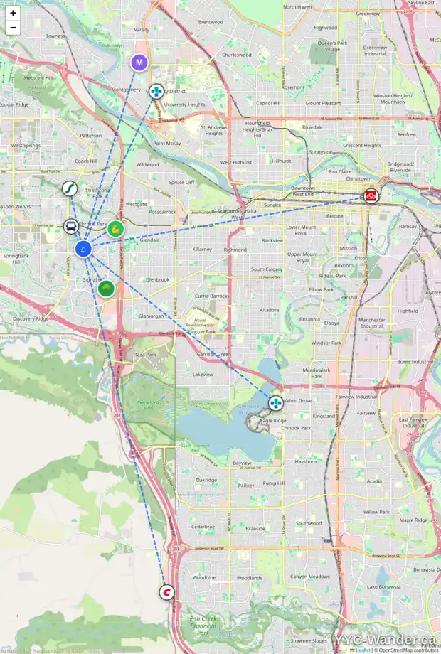 Daily accessibility map for 37 SIMCOE ME SW, Calgary showing nearby schools, grocery stores, parks, LRT stations and nearby amenities