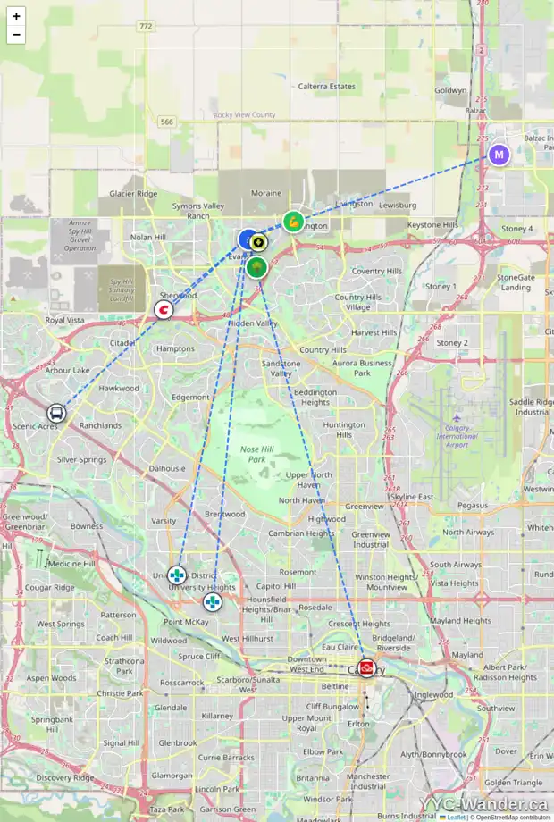 Daily accessibility map for 89 EVANSFIELD WY NW, Calgary showing nearby schools, grocery stores, parks, LRT stations and nearby amenities