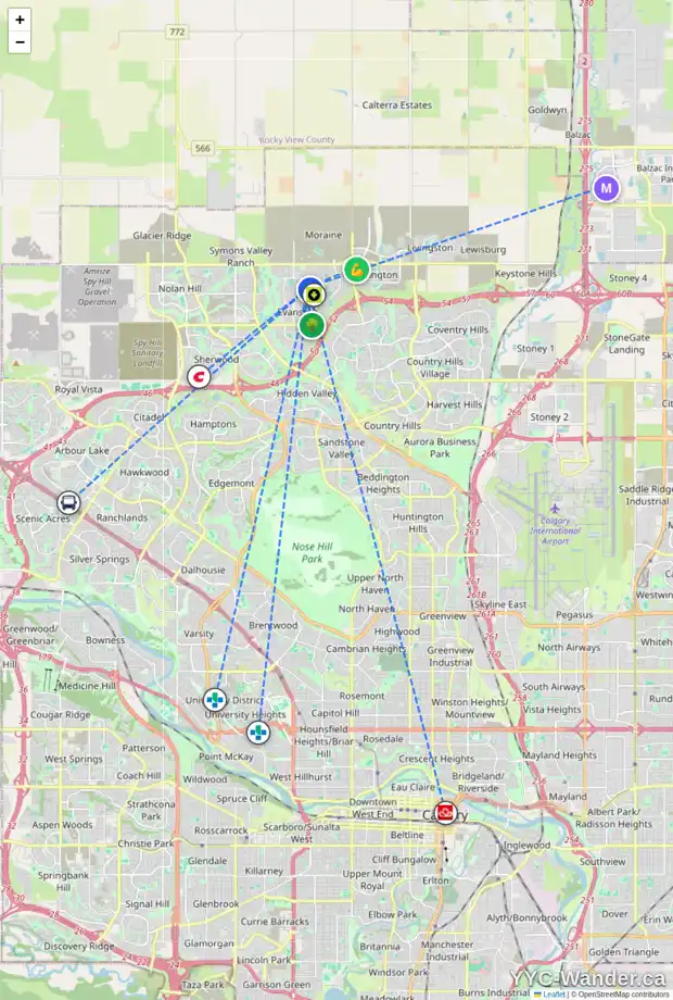 Daily accessibility map for 10 EVANSFIELD TC NW, Calgary showing nearby schools, grocery stores, parks, LRT stations and nearby amenities