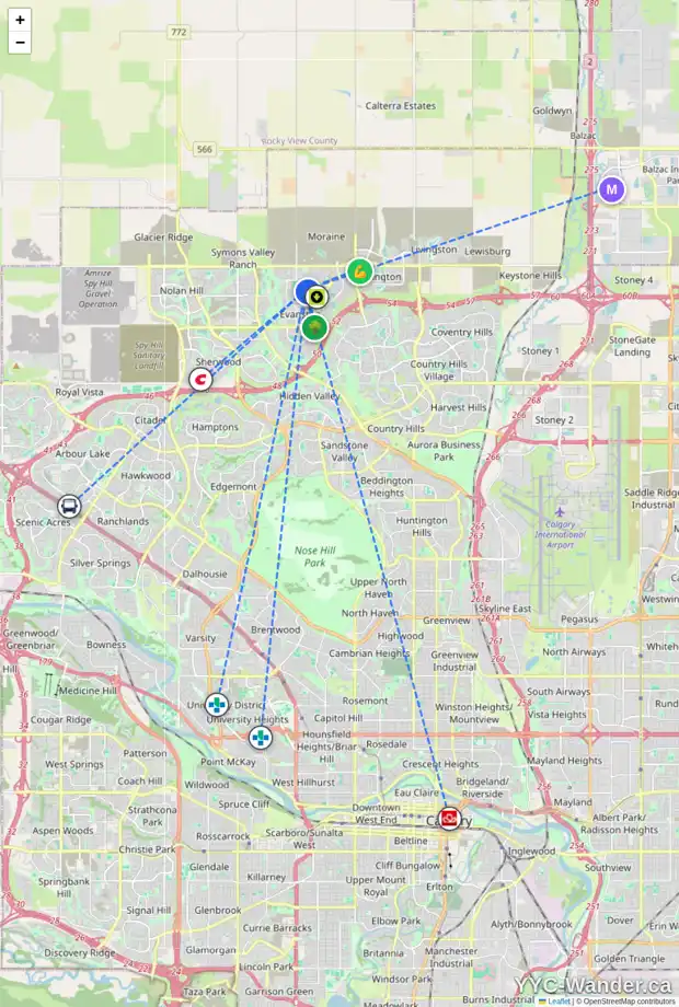 Daily accessibility map for 9 EVANSFIELD GD NW, Calgary showing nearby schools, grocery stores, parks, LRT stations and nearby amenities
