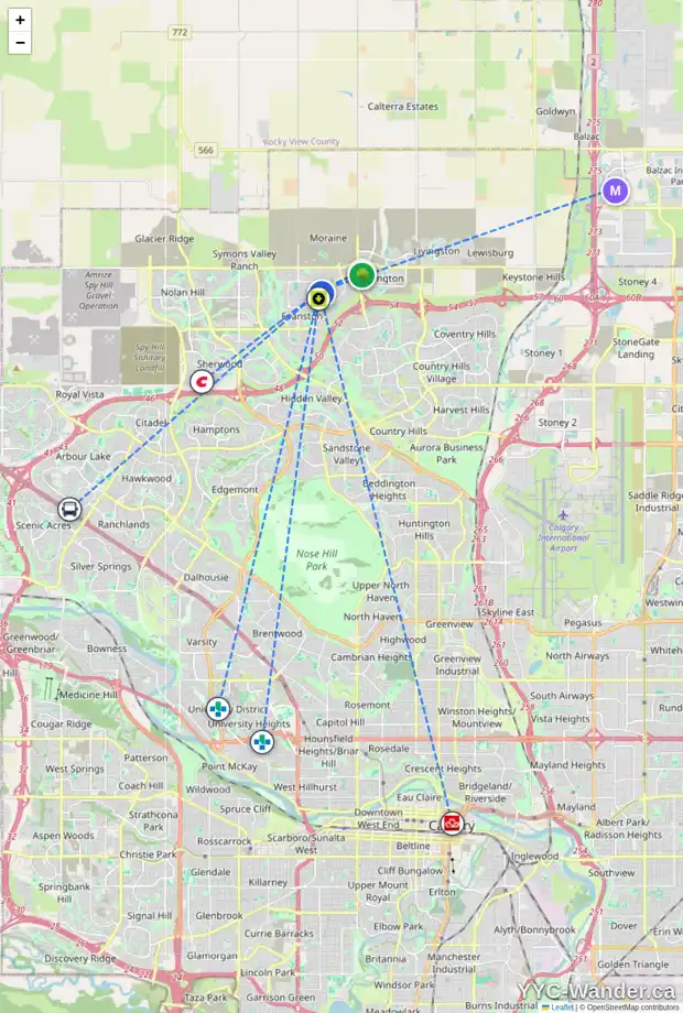 Daily accessibility map for 56 EVANSFIELD PL NW, Calgary showing nearby schools, grocery stores, parks, LRT stations and nearby amenities
