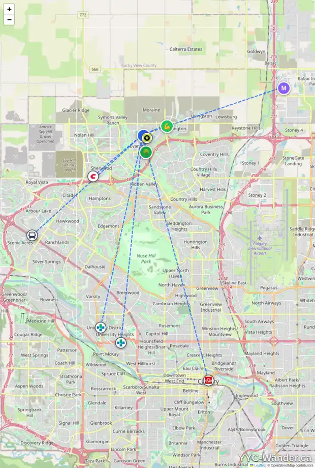 Daily accessibility map for 134 EVANSFIELD WY NW, Calgary showing nearby schools, grocery stores, parks, LRT stations and nearby amenities