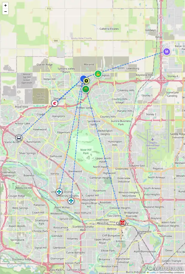 Daily accessibility map for 56 EVANSFIELD WY NW, Calgary showing nearby schools, grocery stores, parks, LRT stations and nearby amenities