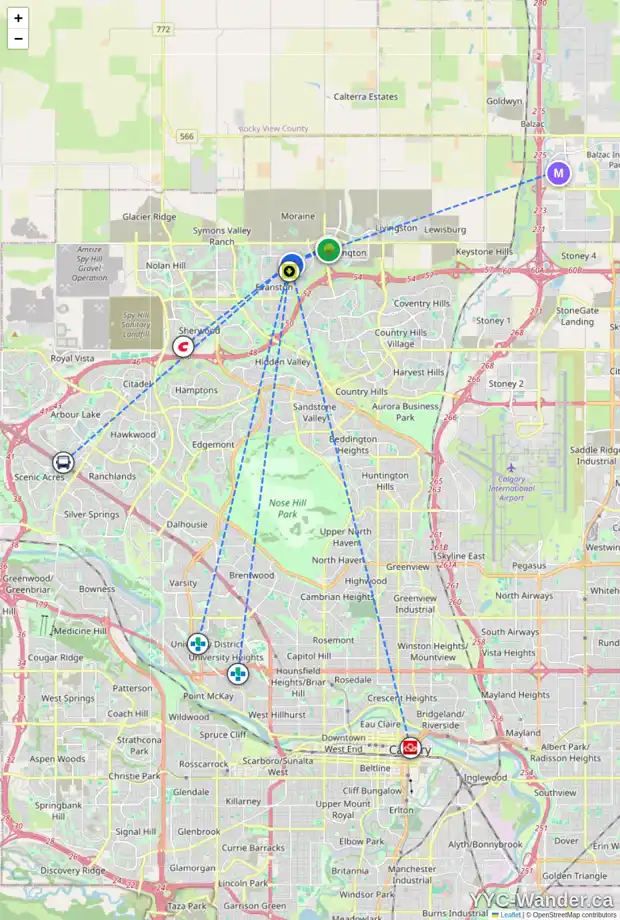 Daily accessibility map for 68 EVANSFIELD PL NW, Calgary showing nearby schools, grocery stores, parks, LRT stations and nearby amenities