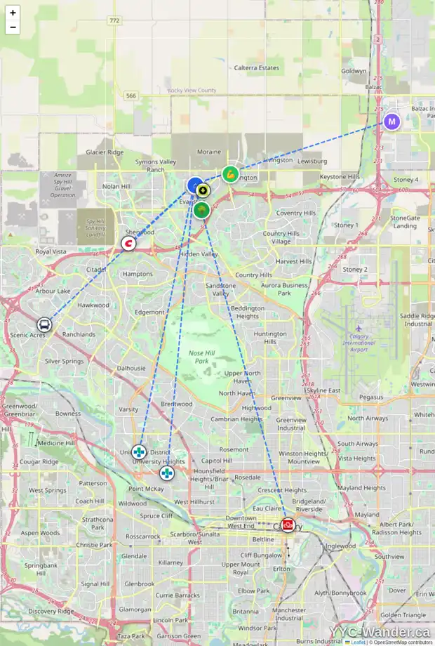 Daily accessibility map for 49 EVANSFIELD WY NW, Calgary showing nearby schools, grocery stores, parks, LRT stations and nearby amenities