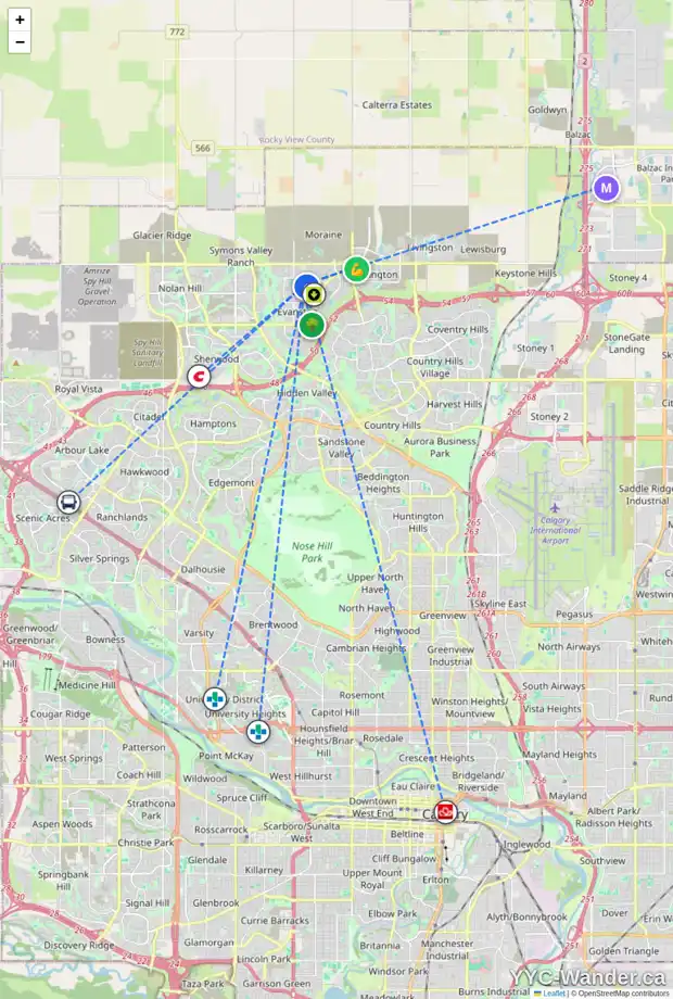 Daily accessibility map for 36 EVANSFIELD GD NW, Calgary showing nearby schools, grocery stores, parks, LRT stations and nearby amenities