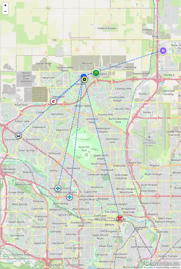 Daily accessibility map for 236 EVANSFIELD WY NW, Calgary showing nearby schools, grocery stores, parks, LRT stations and nearby amenities