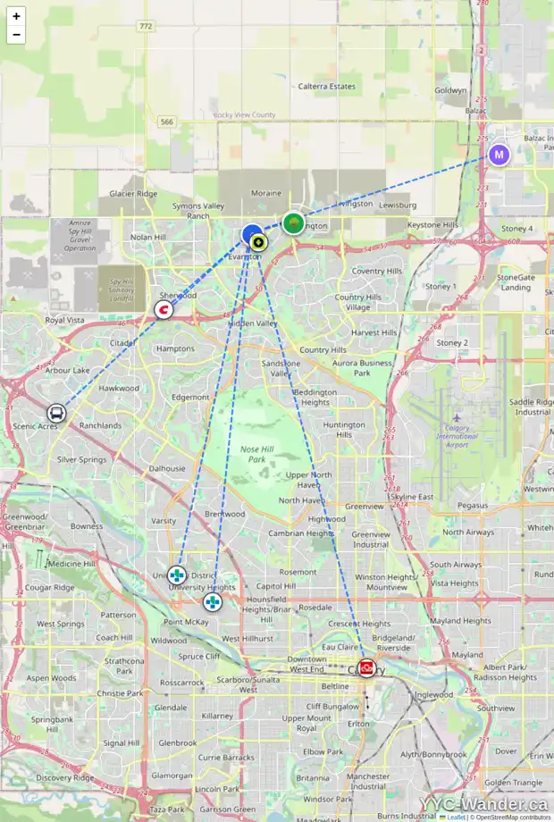 Daily accessibility map for 52 EVANSFIELD GD NW, Calgary showing nearby schools, grocery stores, parks, LRT stations and nearby amenities