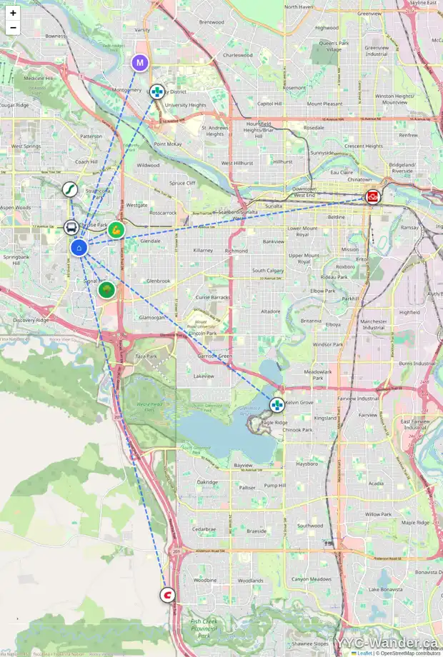 Daily accessibility map for 15 SIMCOE LI SW, Calgary showing nearby schools, grocery stores, parks, LRT stations and nearby amenities