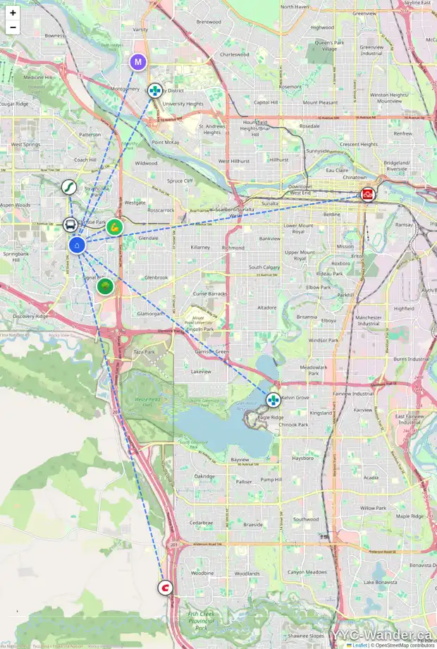 Daily accessibility map for 23 SIMCOE LI SW, Calgary showing nearby schools, grocery stores, parks, LRT stations and nearby amenities