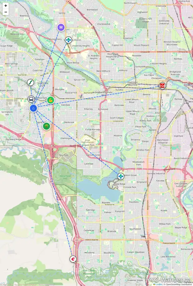 Daily accessibility map for 35 SIMCOE LI SW, Calgary showing nearby schools, grocery stores, parks, LRT stations and nearby amenities