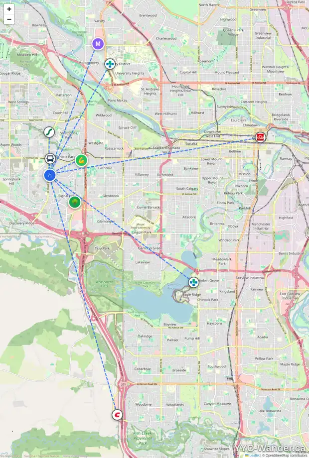 Daily accessibility map for 44 SIMCOE CL SW, Calgary showing nearby schools, grocery stores, parks, LRT stations and nearby amenities