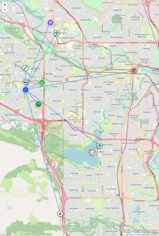 Daily accessibility map for 56 SIMCOE CL SW, Calgary showing nearby schools, grocery stores, parks, LRT stations and nearby amenities