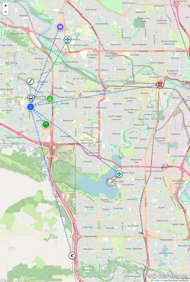 Daily accessibility map for 64 SIMCOE CL SW, Calgary showing nearby schools, grocery stores, parks, LRT stations and nearby amenities
