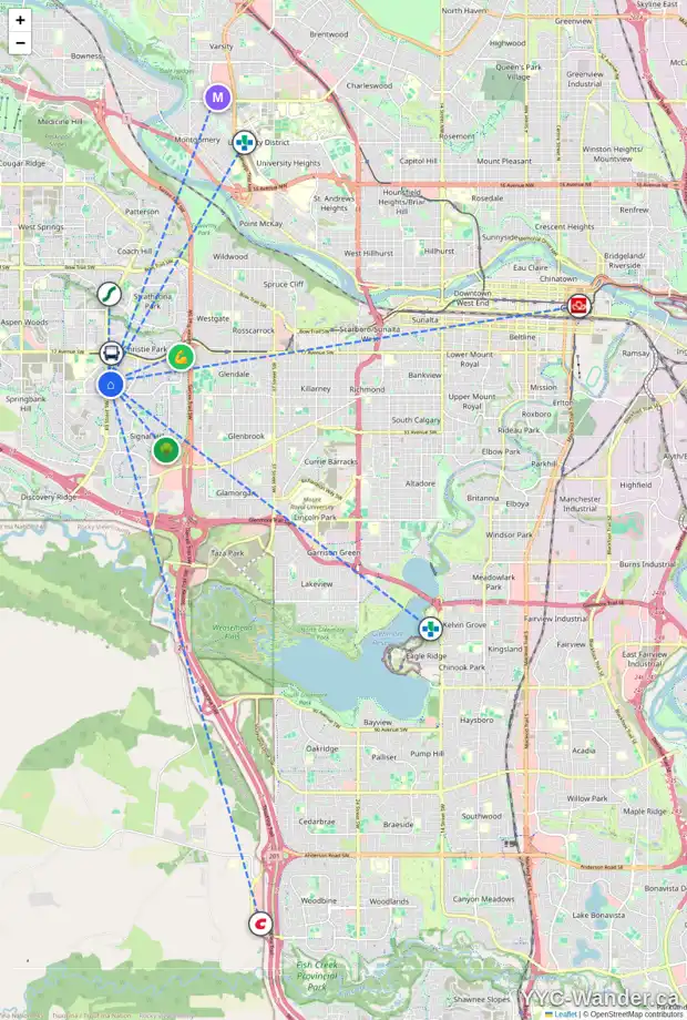 Daily accessibility map for 76 SIMCOE CL SW, Calgary showing nearby schools, grocery stores, parks, LRT stations and nearby amenities