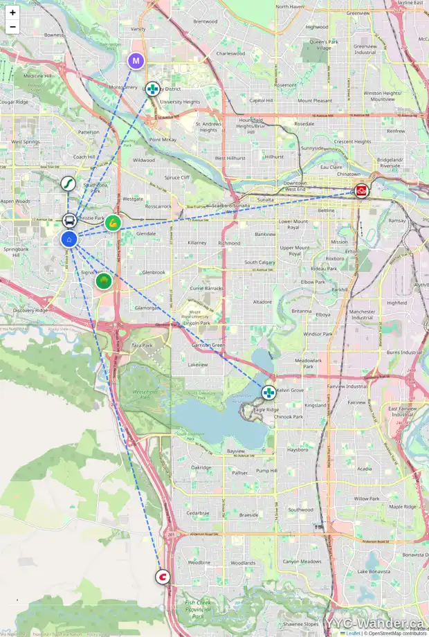 Daily accessibility map for 84 SIMCOE CL SW, Calgary showing nearby schools, grocery stores, parks, LRT stations and nearby amenities