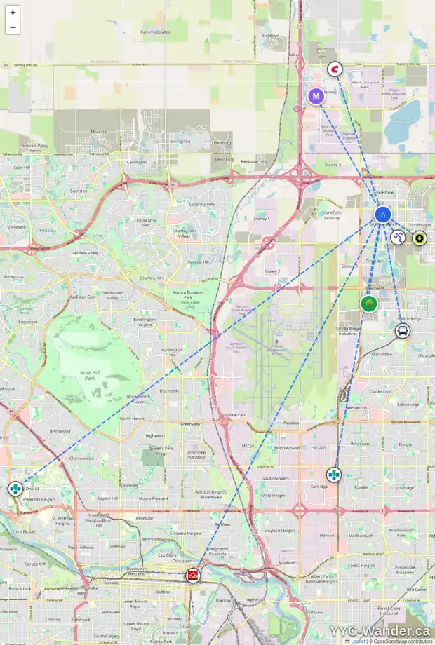Daily accessibility map for 63 SKYVIEW RANCH GD NE, Calgary showing nearby schools, grocery stores, parks, LRT stations and nearby amenities