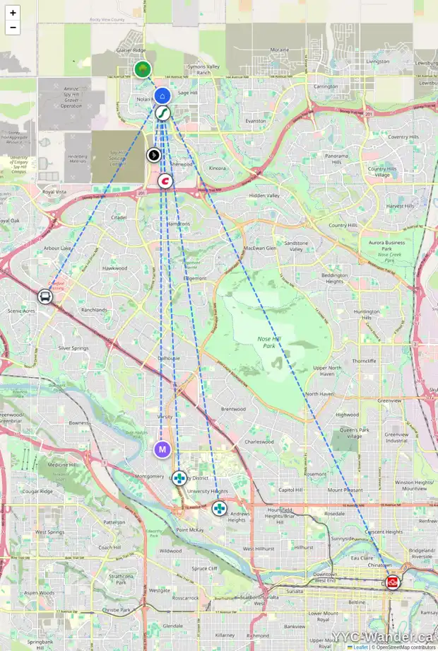 Daily accessibility map for 83 SAGE BANK CO NW, Calgary showing nearby schools, grocery stores, parks, LRT stations and nearby amenities
