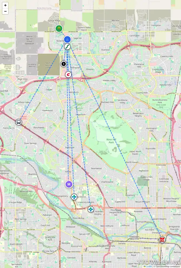 Daily accessibility map for 87 SAGE BANK CO NW, Calgary showing nearby schools, grocery stores, parks, LRT stations and nearby amenities