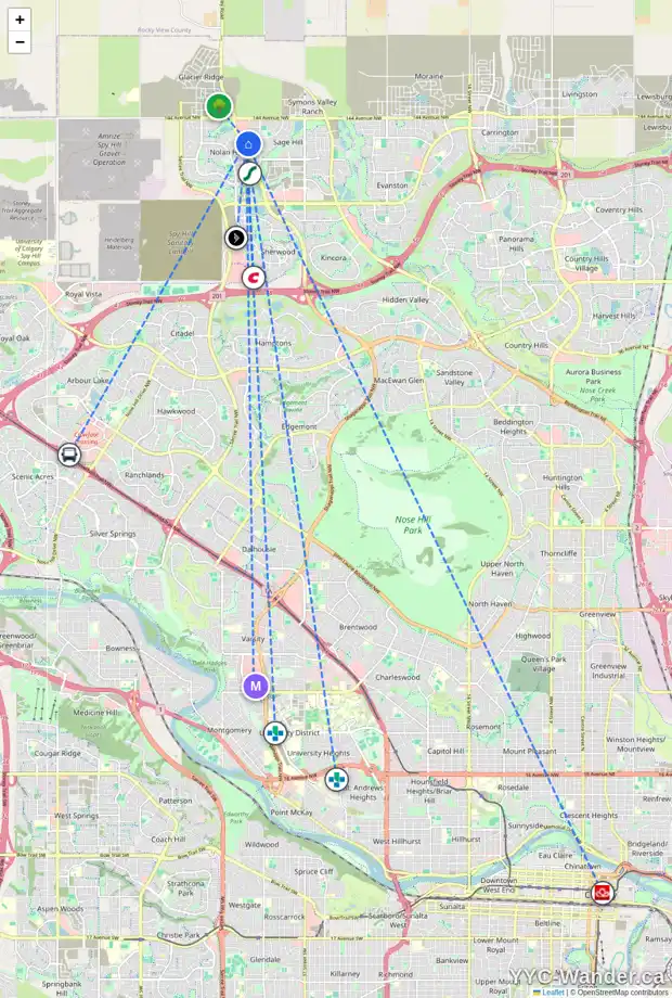 Daily accessibility map for 19 SAGE BANK CO NW, Calgary showing nearby schools, grocery stores, parks, LRT stations and nearby amenities