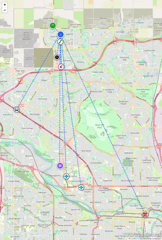 Daily accessibility map for 12 SAGE BANK WY NW, Calgary showing nearby schools, grocery stores, parks, LRT stations and nearby amenities