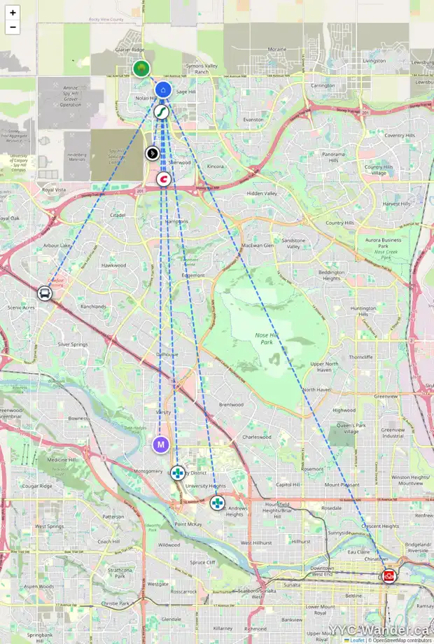 Daily accessibility map for 332 SAGE VALLEY DR NW, Calgary showing nearby schools, grocery stores, parks, LRT stations and nearby amenities