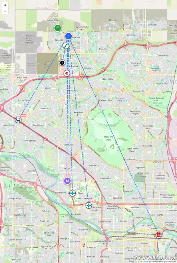 Daily accessibility map for 281 SAGE VALLEY DR NW, Calgary showing nearby schools, grocery stores, parks, LRT stations and nearby amenities