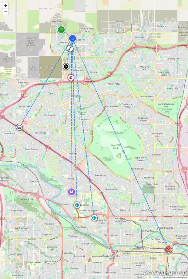 Daily accessibility map for 285 SAGE VALLEY DR NW, Calgary showing nearby schools, grocery stores, parks, LRT stations and nearby amenities