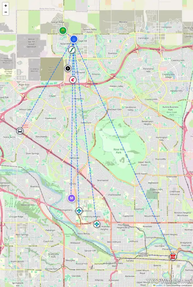 Daily accessibility map for 16 SAGE BERRY RD NW, Calgary showing nearby schools, grocery stores, parks, LRT stations and nearby amenities