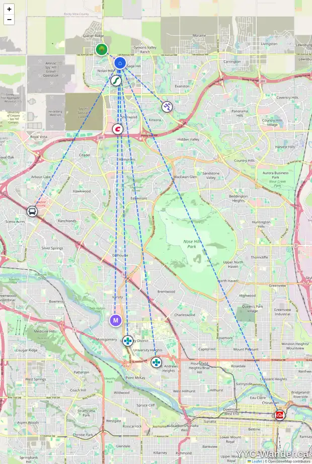 Daily accessibility map for 56 SAGE BERRY RD NW, Calgary showing nearby schools, grocery stores, parks, LRT stations and nearby amenities
