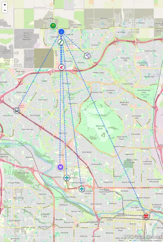 Daily accessibility map for 50 SAGE BERRY WY NW, Calgary showing nearby schools, grocery stores, parks, LRT stations and nearby amenities