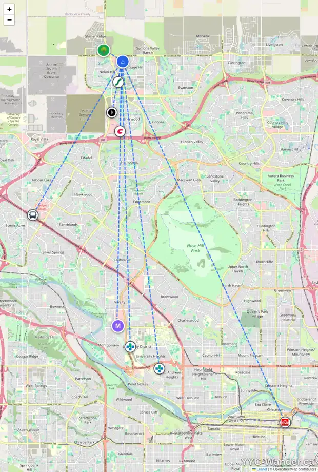 Daily accessibility map for 21 SAGE BERRY LI NW, Calgary showing nearby schools, grocery stores, parks, LRT stations and nearby amenities