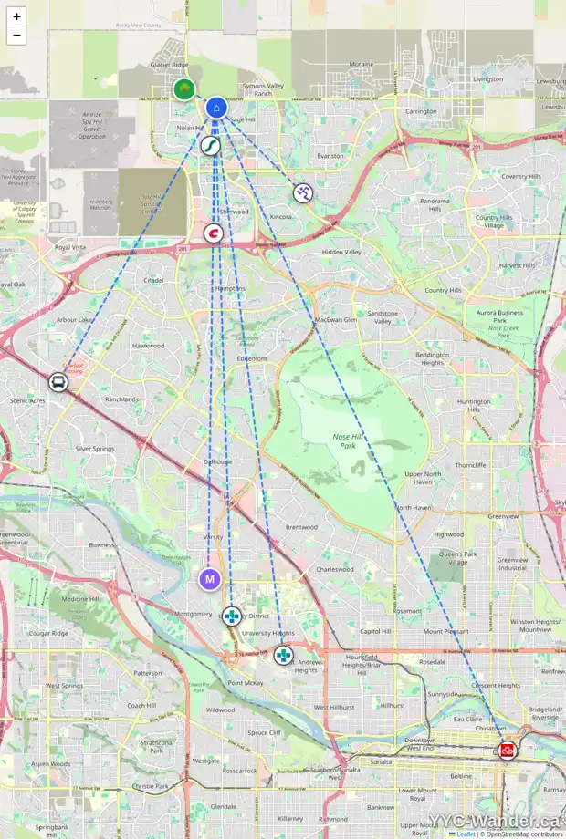 Daily accessibility map for 36 SAGE BERRY LI NW, Calgary showing nearby schools, grocery stores, parks, LRT stations and nearby amenities