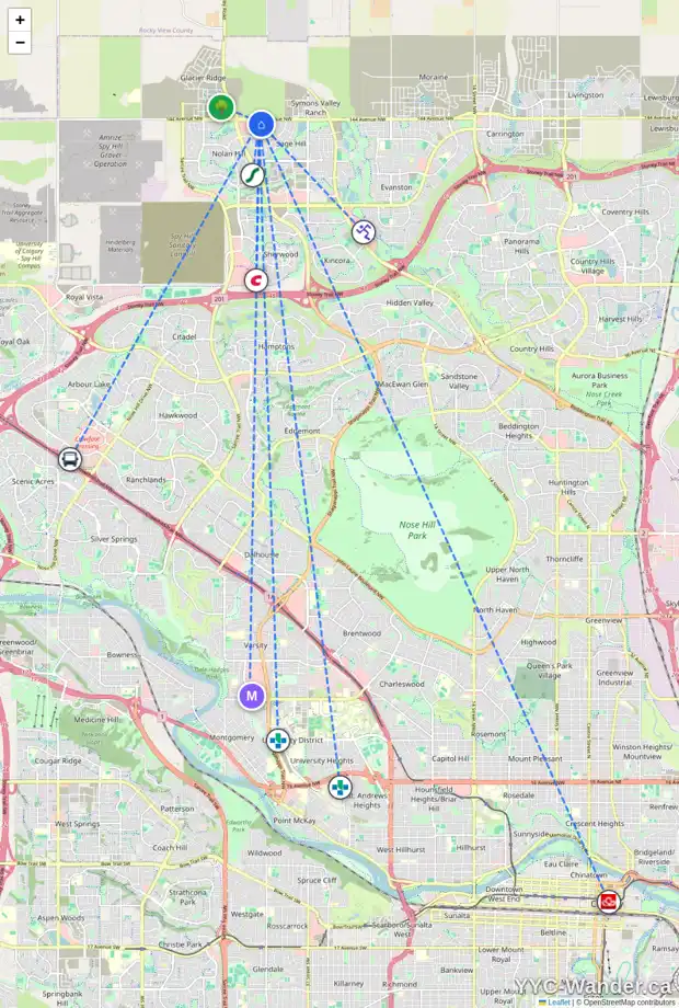 Daily accessibility map for 63 SAGE BERRY PL NW, Calgary showing nearby schools, grocery stores, parks, LRT stations and nearby amenities