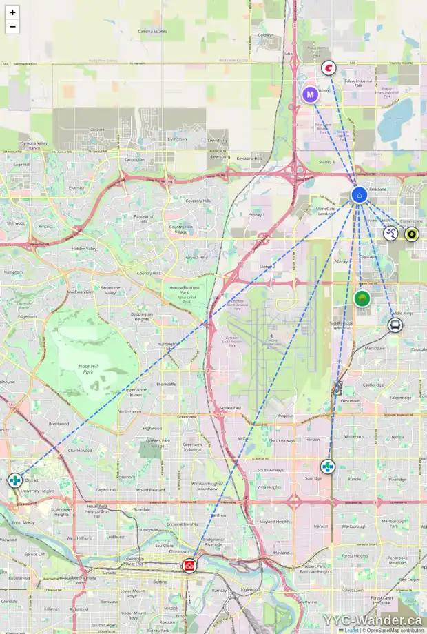 Daily accessibility map for 58 REDSTONE RD NE, Calgary showing nearby schools, grocery stores, parks, LRT stations and nearby amenities