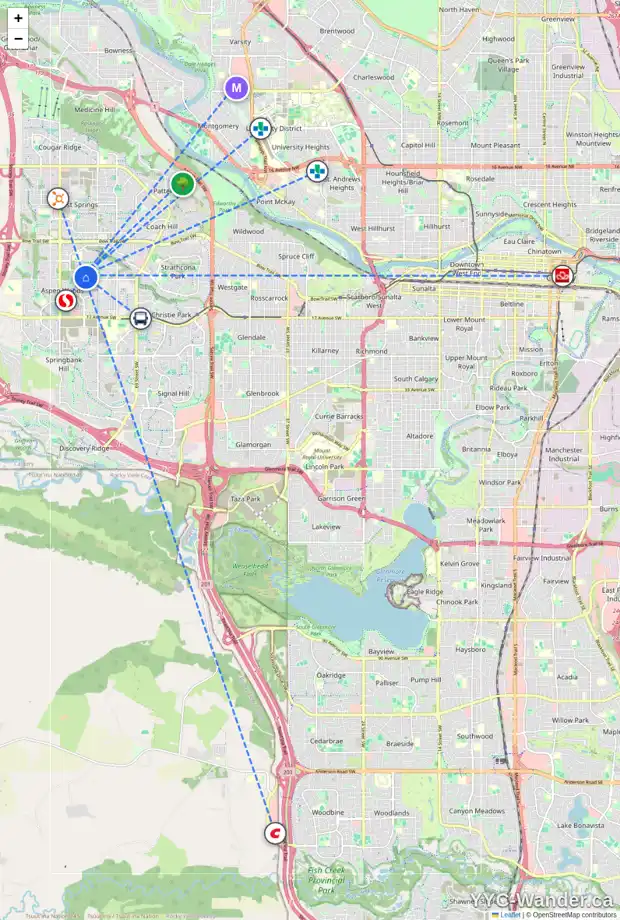 Daily accessibility map for 42 ASPEN SUMMIT MR SW, Calgary showing nearby schools, grocery stores, parks, LRT stations and nearby amenities
