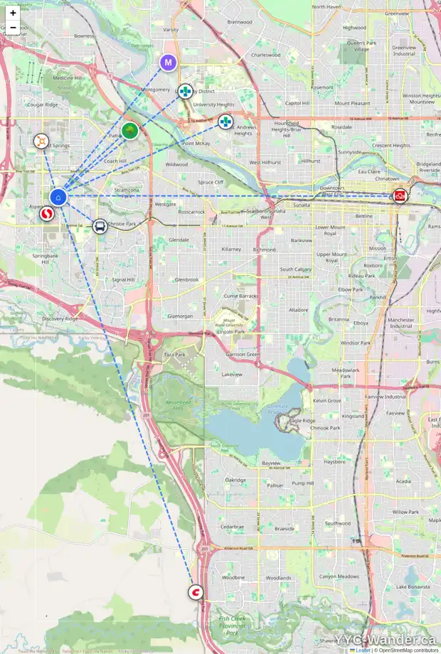 Daily accessibility map for 36 ASPEN SUMMIT VW SW, Calgary showing nearby schools, grocery stores, parks, LRT stations and nearby amenities