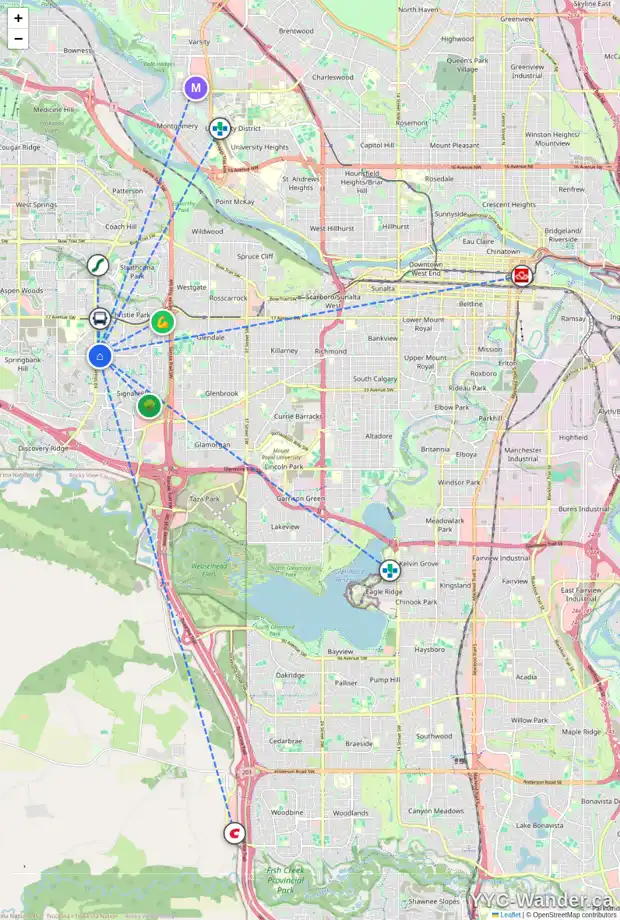 Daily accessibility map for 113 SIMCOE VW SW, Calgary showing nearby schools, grocery stores, parks, LRT stations and nearby amenities