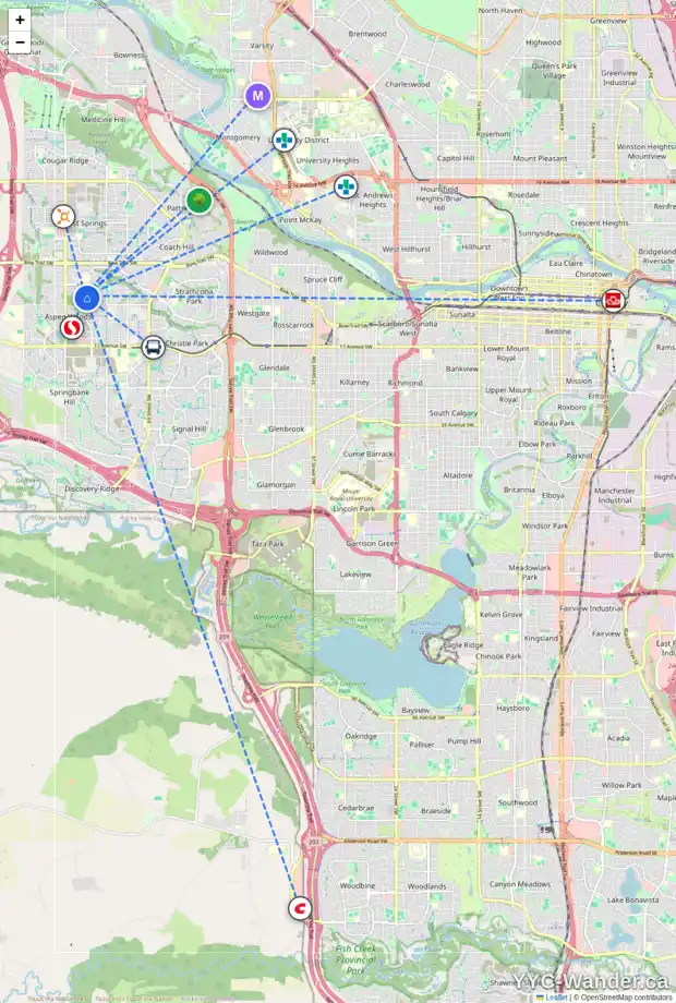 Daily accessibility map for 7 ASPEN SUMMIT VW SW, Calgary showing nearby schools, grocery stores, parks, LRT stations and nearby amenities