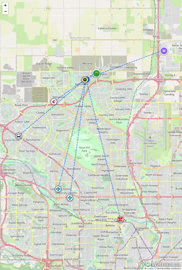 Daily accessibility map for 127 EVANSWOOD CI NW, Calgary showing nearby schools, grocery stores, parks, LRT stations and nearby amenities