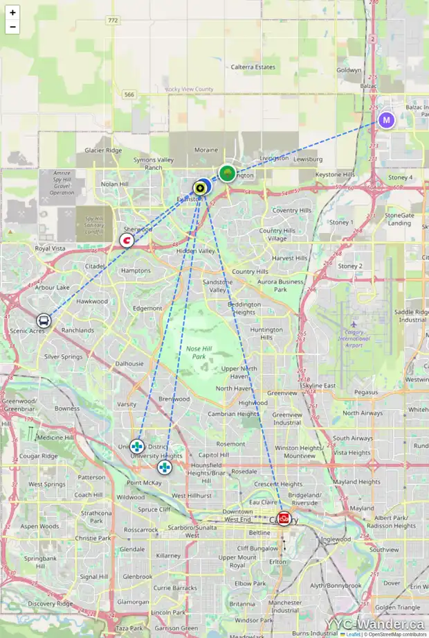 Daily accessibility map for 76 EVANSWOOD CI NW, Calgary showing nearby schools, grocery stores, parks, LRT stations and nearby amenities