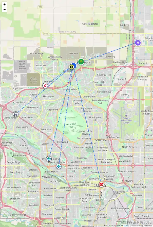 Daily accessibility map for 199 EVANSWOOD CI NW, Calgary showing nearby schools, grocery stores, parks, LRT stations and nearby amenities