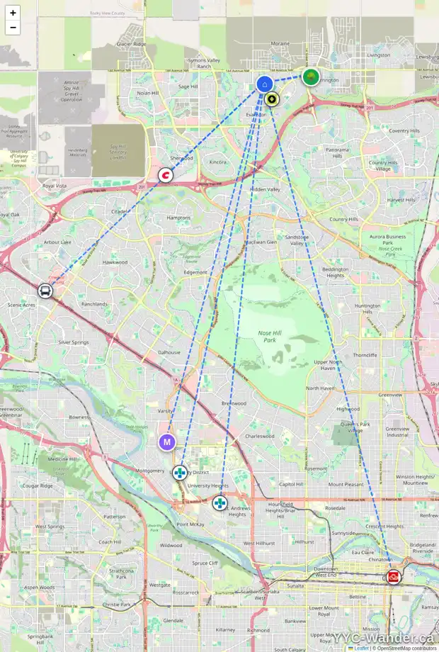 Daily accessibility map for 979 EVANSTON DR NW, Calgary showing nearby schools, grocery stores, parks, LRT stations and nearby amenities