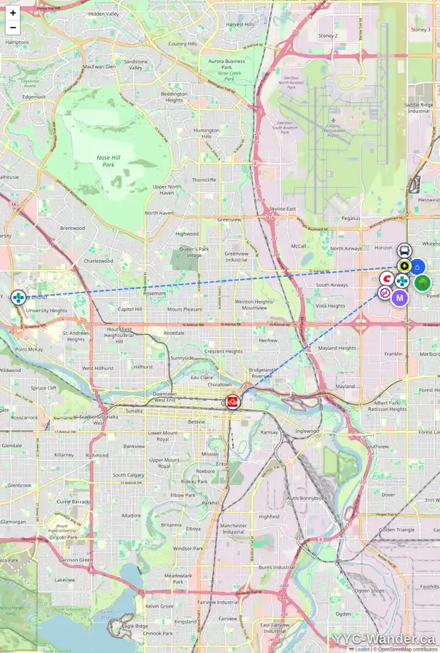 Daily accessibility map for 3408 38 ST NE, Calgary showing nearby schools, grocery stores, parks, LRT stations and nearby amenities
