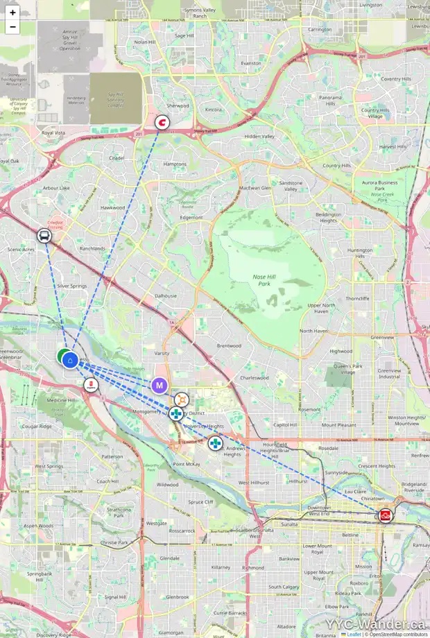 Daily accessibility map for 7703 41 AV NW, Calgary showing nearby schools, grocery stores, parks, LRT stations and nearby amenities