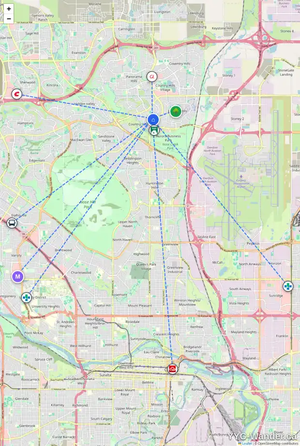 Daily accessibility map for 110 COUNTRY HILLS CV NW, Calgary showing nearby schools, grocery stores, parks, LRT stations and nearby amenities