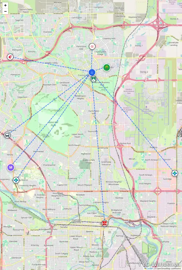 Daily accessibility map for 33 COUNTRY HILLS CV NW, Calgary showing nearby schools, grocery stores, parks, LRT stations and nearby amenities