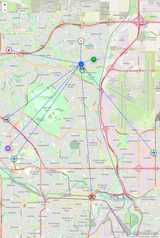 Daily accessibility map for 93 COUNTRY HILLS CV NW, Calgary showing nearby schools, grocery stores, parks, LRT stations and nearby amenities