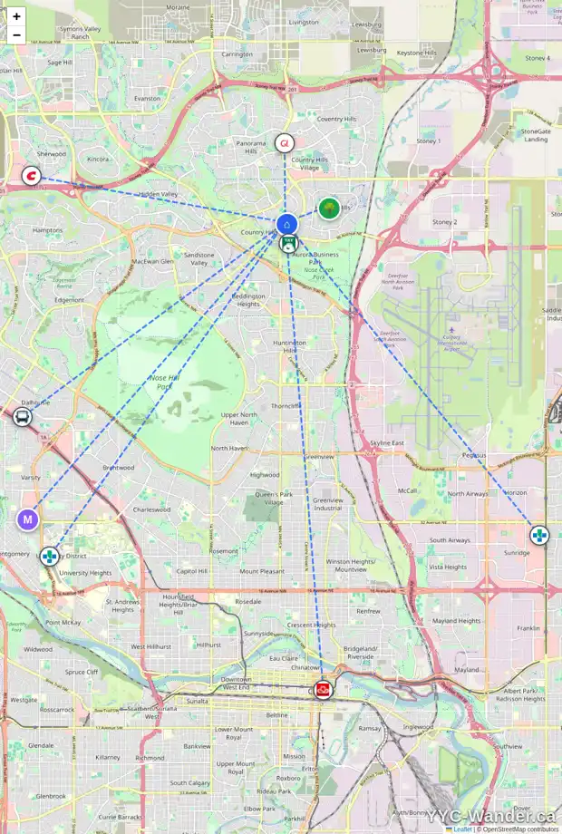 Daily accessibility map for 102 COUNTRY HILLS CV NW, Calgary showing nearby schools, grocery stores, parks, LRT stations and nearby amenities
